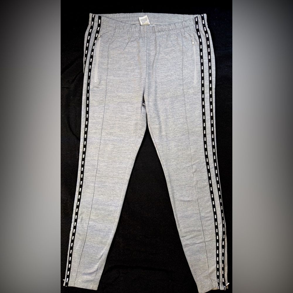 PINK Victoria's Secret Pants Womens L Gray Track Joggers Side Stripe Zip Pocket